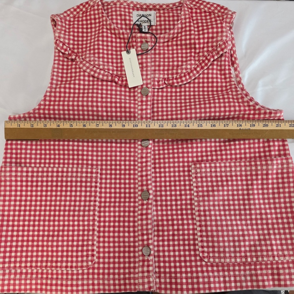 Damson Madder Mari Gilet 14 Red Gingham Ruffle Organic Cotton Button Front NWT - Picture 9 of 11